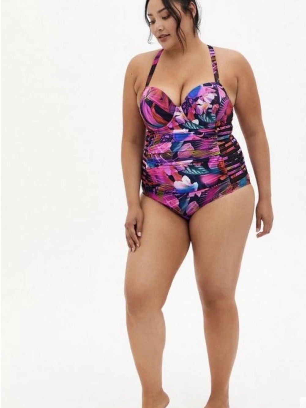 Torrid bold purple print side lace up swim suit